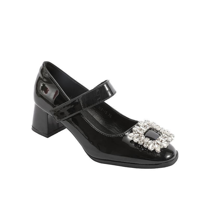 2025 Autumn French Retro Rhinestone Square Head Single Shoes Low Heel Patent Leather Suede Buckle Small Leather Shoes Wedding Shoes Water Versatile