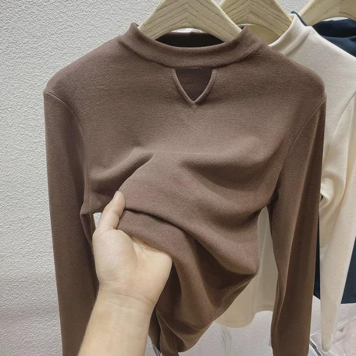 

Women s 2024 Autumn/Winter Half Turtleneck Velvet Hollow Long-Sleeve Shirt