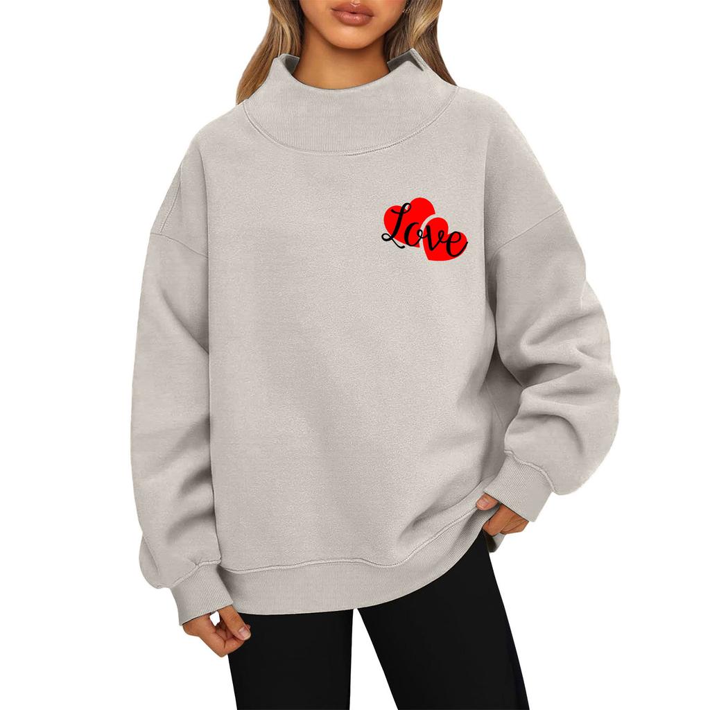 Women's Valentine's Day Print Fashion Loose High-Collar Long Sleeve Solid Color Sweatshirt Pullover