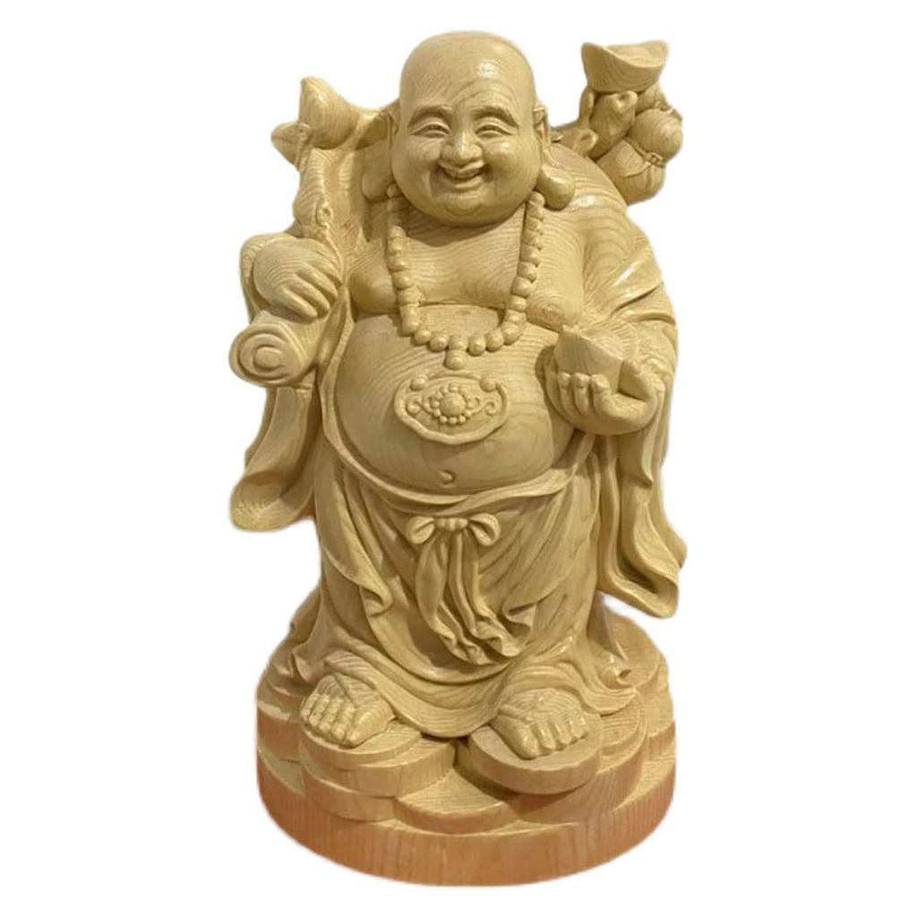 Wood Carved Buddha Statue Hotei Cypress Wooden High Quality Wood Money Luck Ornament Ornament, Carving, (Size 16cm)