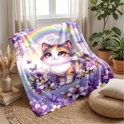 Rainbow Kitten Fantasy Theme Blanket Lightweight Warm Flannel Blanket Decorative Throw Blanket for Home Decoration