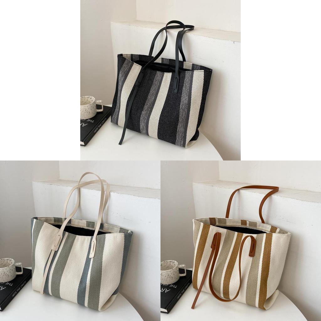 Canvas Tote Bag For Women With Striped Pattern And Zipper Closure For Daily Use