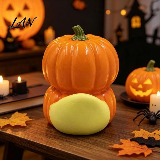 Small Healing Handicrafts Halloween Pumpkin Duck Ornament, Resin Stacked Yellow Mini Cartoon Figurine for Home Figurines, Cute Desktop Decor