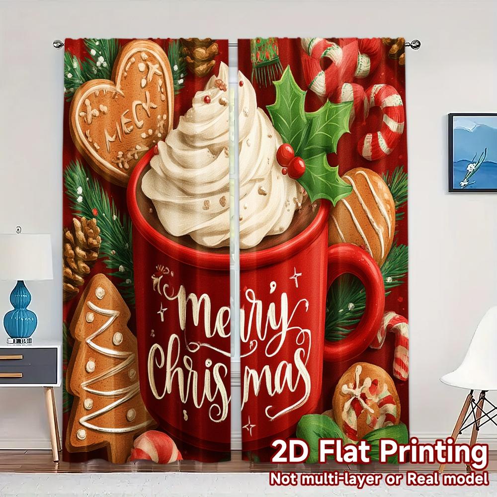 

2D Flat Printing JIT 2pcs Curtains (Without Rod) Festive Mug Creative Chic Curtains Machine Washable Fabric Curtains Room Decor 100*130 Rod Pocket 1pcs