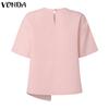 VONDA Women Summer Round Neck Short Sleeve Pearl Decorated Blouses