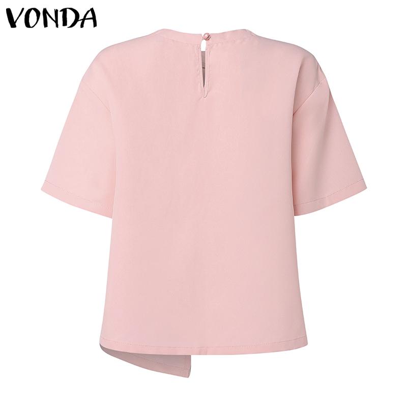 VONDA Women Summer Round Neck Short Sleeve Pearl Decorated Blouses