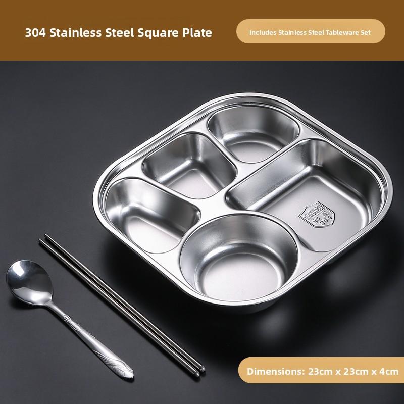 304 Food Grade Stainless Steel Meal Plate Divided with Lid Adult Three Compartment Lunch Box School Student Fast Food Plate