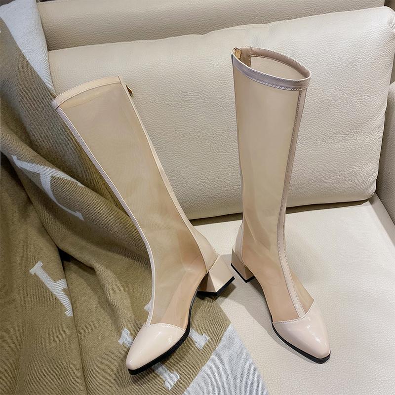 Women's high-heeled net boots spring and summer new thick-heeled large-size splicing cool boots