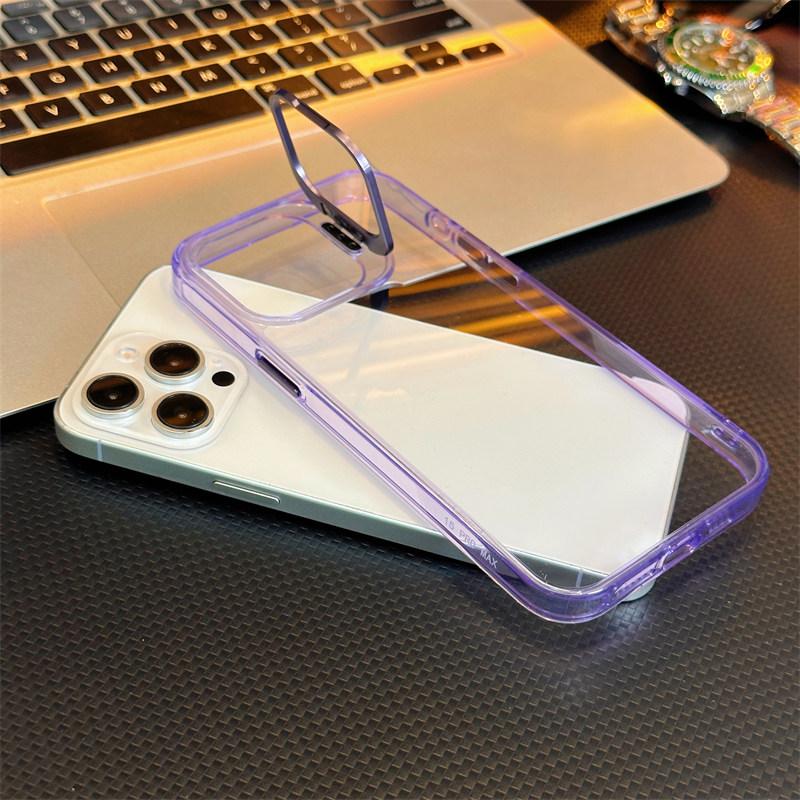 

Роскошная металлическая подставка для камеры чехол для телефона iPhone17 16 E 15 14 13 12 Pro Max Plus Samsung S22 23 24 25 Ultra Простая полупрозрачная ледяная задняя крышка iPhone 16 Pro Max фиолетовый