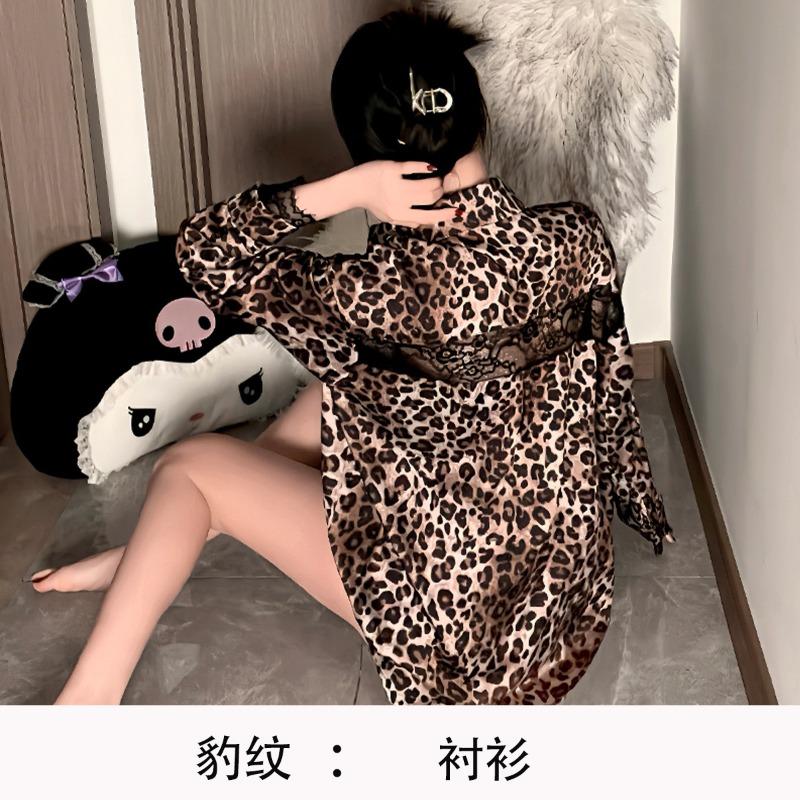 

Ziqu boyfriend style shirt sexy large size pajamas pure lust thin lace fake two pajamas loungewear L леопард друку кольору