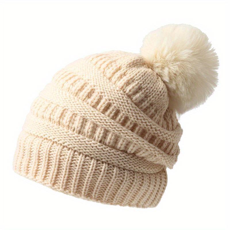 Modische Strick-Slouchy-Mütze für Damen, dicke Baggy-Mütze, Kunstfell-Pompom, Wintermütze
