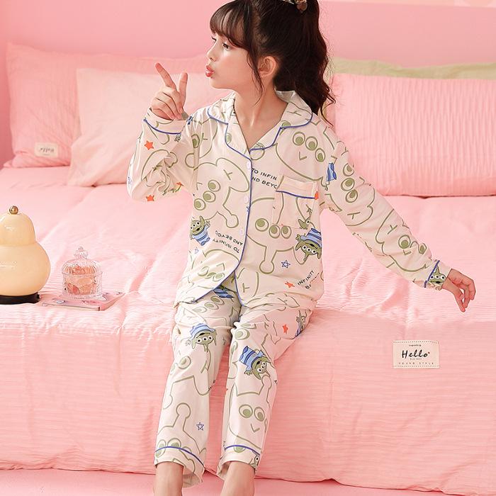 Spring & Autumn Cotton-Feel Girls' Cardigan Pajama Set - Long Sleeve & Pants