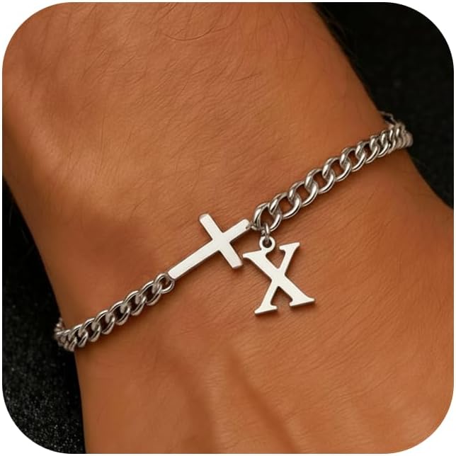 Men Cross Cuban Chain Bracelets for Men Initial A-Z Faith Cross Bracelets, Stainless Steel Initial Bracelet Religious Jewelry