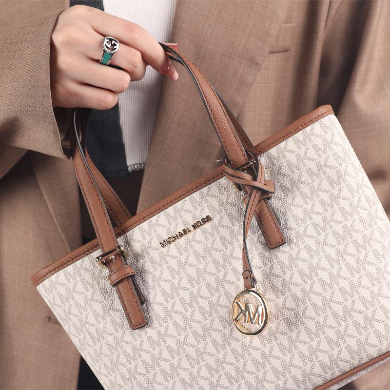 Michael Kors Mk Jet Set Monogram Color Block Tote Bag Women tote bags White Brown 35T9GTVT0B-150