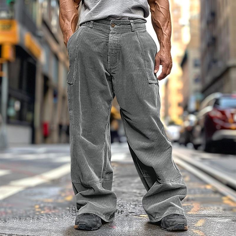 Men Corduroy Loose Casual Solid Color Elastic Waist Straight Long Pants
