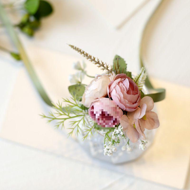 Mori-Style Korean Camellia Wedding Boutonniere & Bridesmaid Wrist Corsage Set