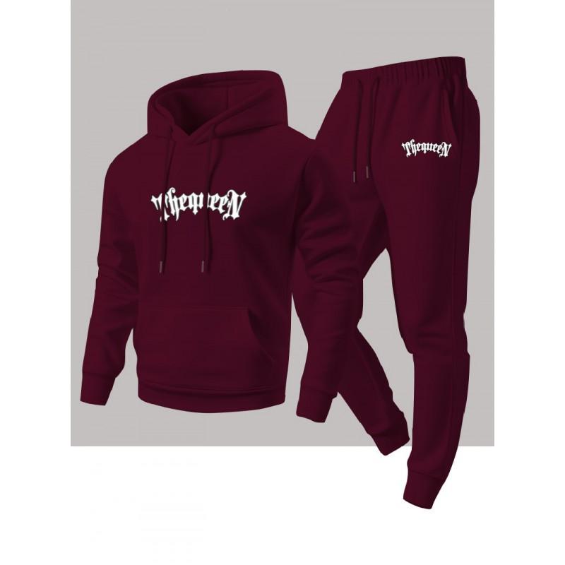 Mens Fashion Casual 2-Piece Set Fleece Graphic Print Hoodie Sweatshirt Pants