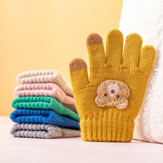 Kinder Winter Strickhandschuhe Kinder Vollfingerhandschuhe mit niedlichem gesticktem Bären Dehnbare Warme Handschuhe für Jungen und Mädchen im Alter von 7-12 Jahren
