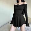 Solid Color Dress Fashion Style Women's off-Shoulder Long Sleeves Three-Dimensional Flowers Silm Pure Color Dress