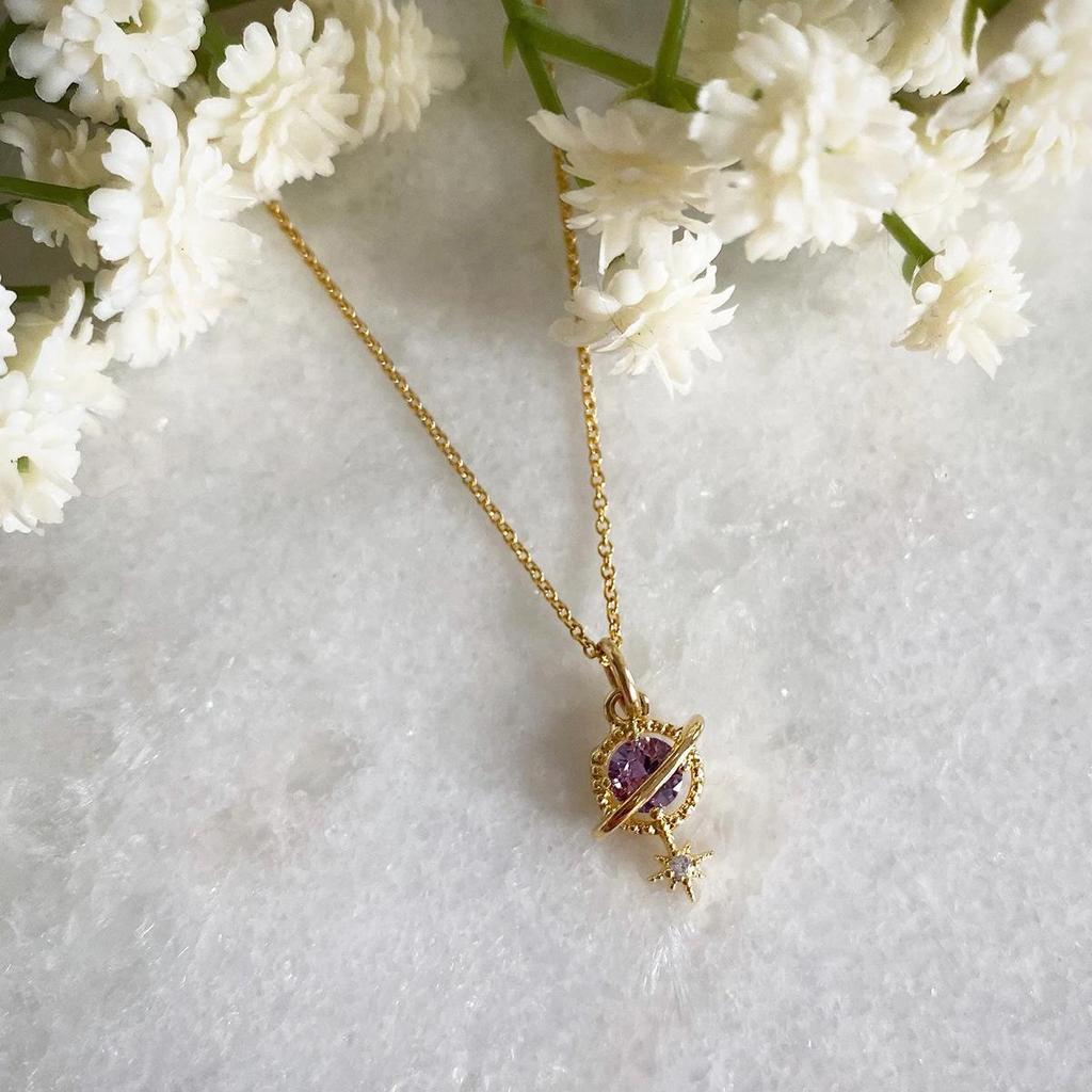 18K Vintage Saturn Gemstone Pendant Necklace with Zirconia Star on Stainless Steel Chain