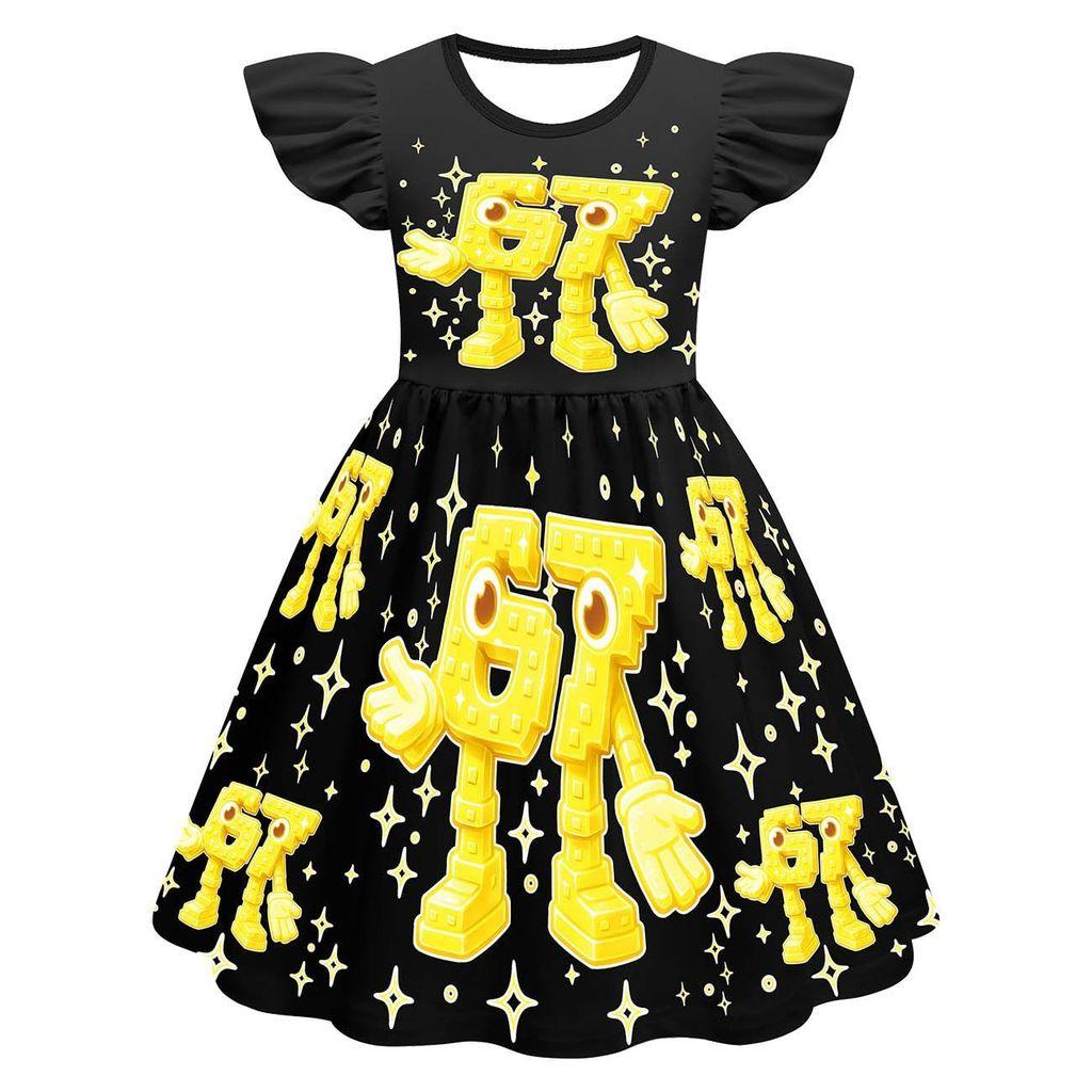 82833 Kids Girls Steal a Brainrot 67 Six Seven Print Ruffle Sleeveless Princess Dress