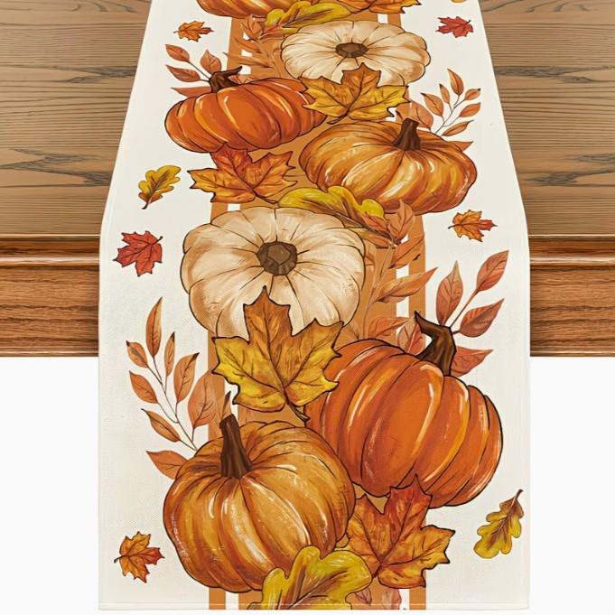 Autumn Leaves Pumpkin Table Runner: Linen Thanksgiving Decoration for Kitchen & Dining