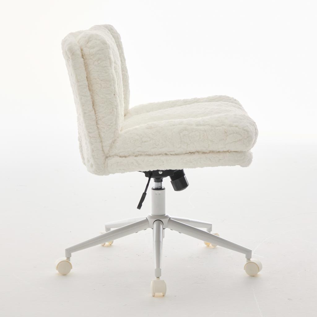 W26,4 Zoll Breiterer Sitz Bürostuhl, Heimstuhl mit künstlichem Kaninchenfell und Metallbasis, Verstellbarer Schreibtisch-Drehstuhl, Schminktischstuhl(Sahne) ,DE1875CM