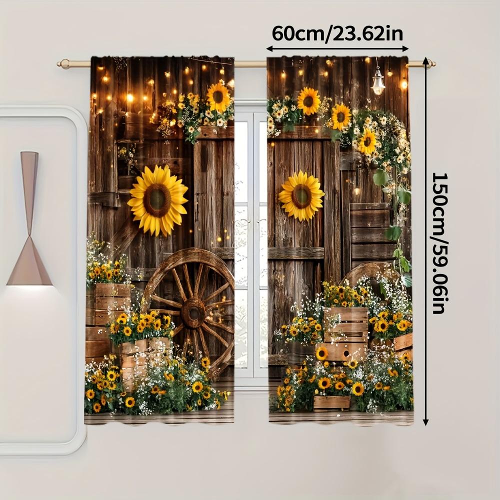 2Pcs Polyester Sunflower Barn Made Printing Window Curtains Birthday Party Decoration Backdrop Drapes for Living Room