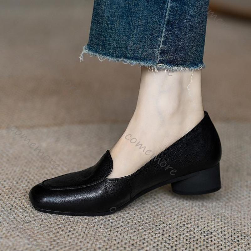 Fashion Comemore Soft Leather Loafers Shoes Retro Low Heel Shallow Mouth Pumps for Women Solid Color Slip On Spring Autumn Women Shoes