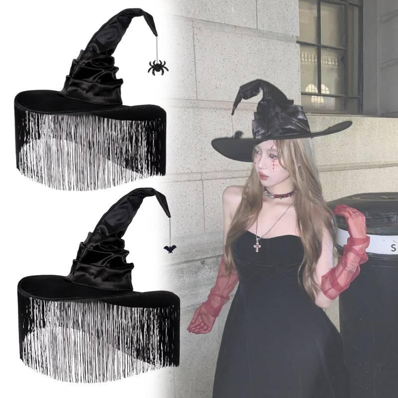 Black Pleated Halloween Fringe Hat Party Witch Face Cover Headdress Decorative