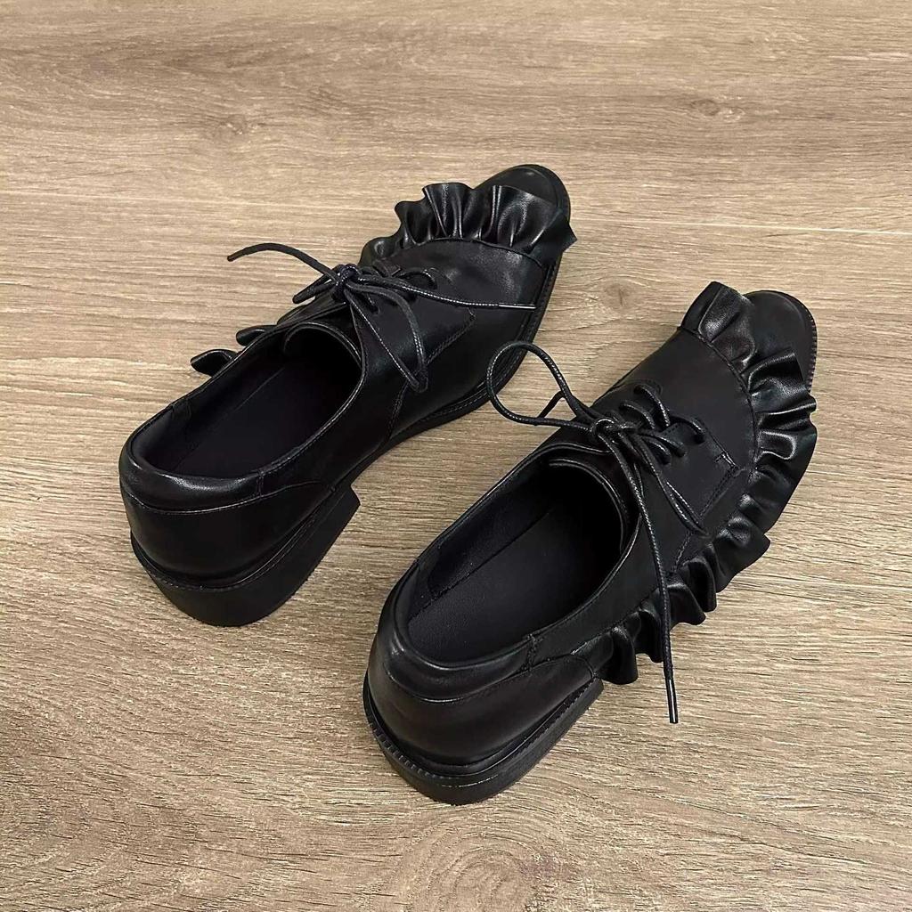 2025 spring fashionable European and American niche design original dark lotus leaf edge lace-up small leather shoes thick heel small single shoes wom