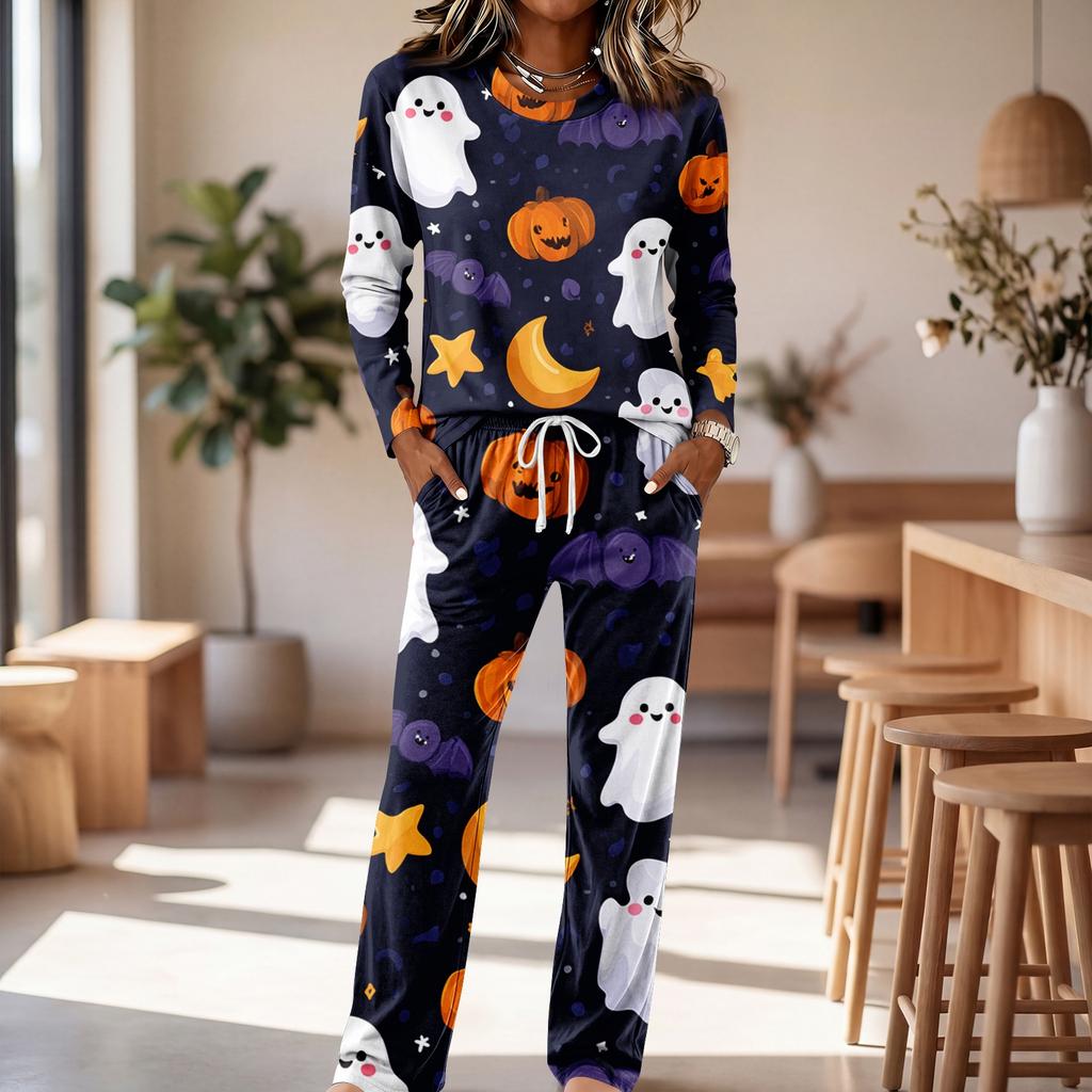 Women's Round Neck Long Sleeve Drawstring Wide Leg Pajama Set for Casual Loungewear