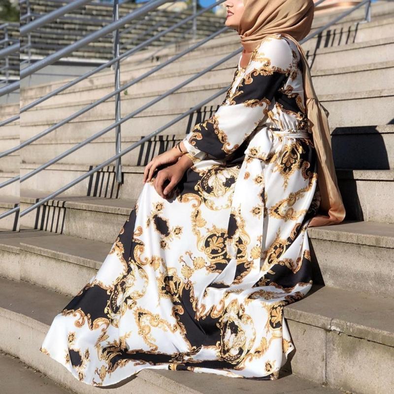 Floral Printting Ramadan Muslim Dress Abayas Lace Up O-Neck Dubai Turkey Islam Clothing Kaftan Robe for Womens Girls