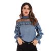 Vår og høst kvinners Chiffon Langermet Plissert Mesh Skjøting Volanger Polka Dot Chiffon Bluse Topp