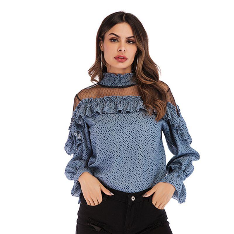 Vår og høst kvinners Chiffon Langermet Plissert Mesh Skjøting Volanger Polka Dot Chiffon Bluse Topp