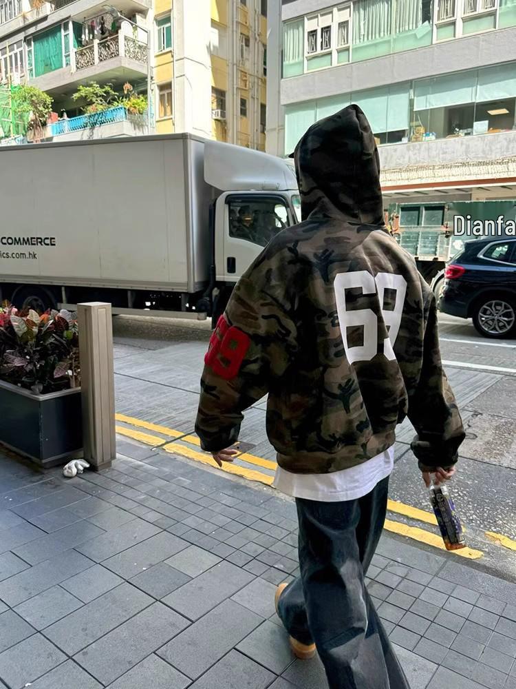 Men's Retro Camouflage Embroidered Hoodie Jacket - Loose Fit, Autumn/Winter Style