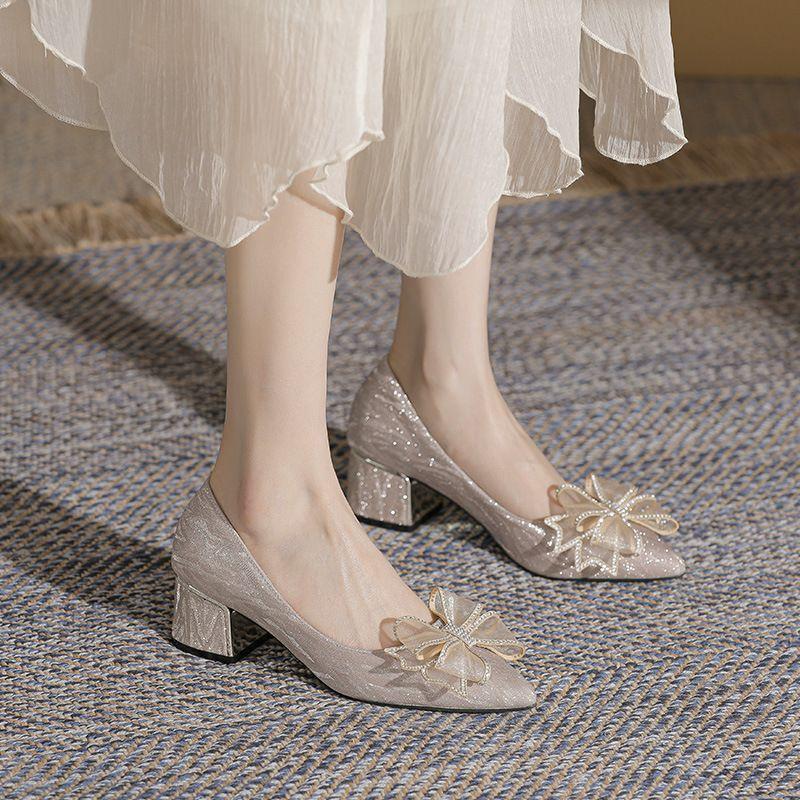 Women's Shoes Bride with Bow Ladies Pumps Pointed Toe Medium Heels Spring Discount Chic Point High Quality Luxury Brand Popular