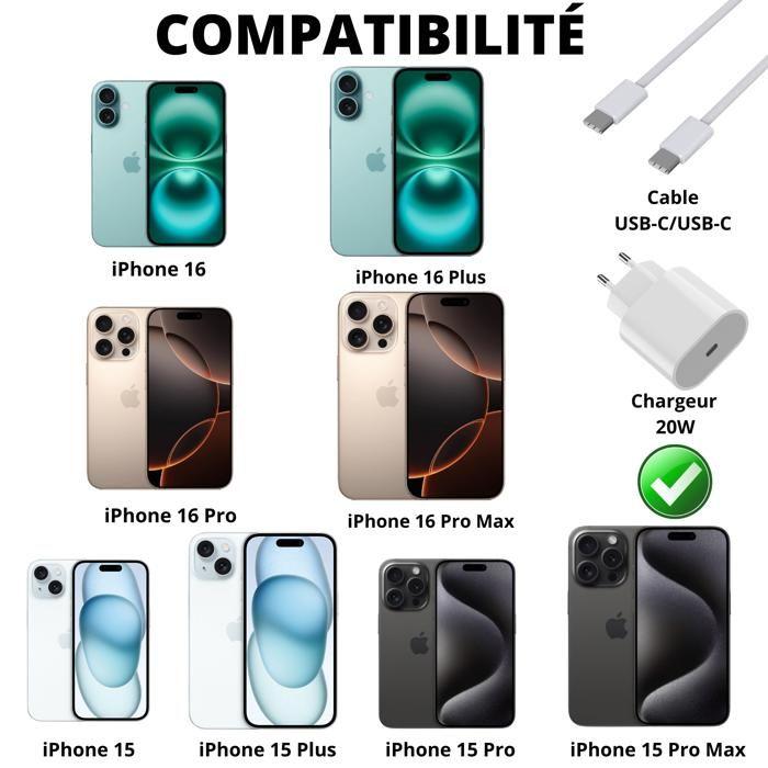 Charger - Phonillico® - 20W - USB-C - 1 Meter - Compatible with iPhone 16/16 PLUS/PRO/PRO MAX