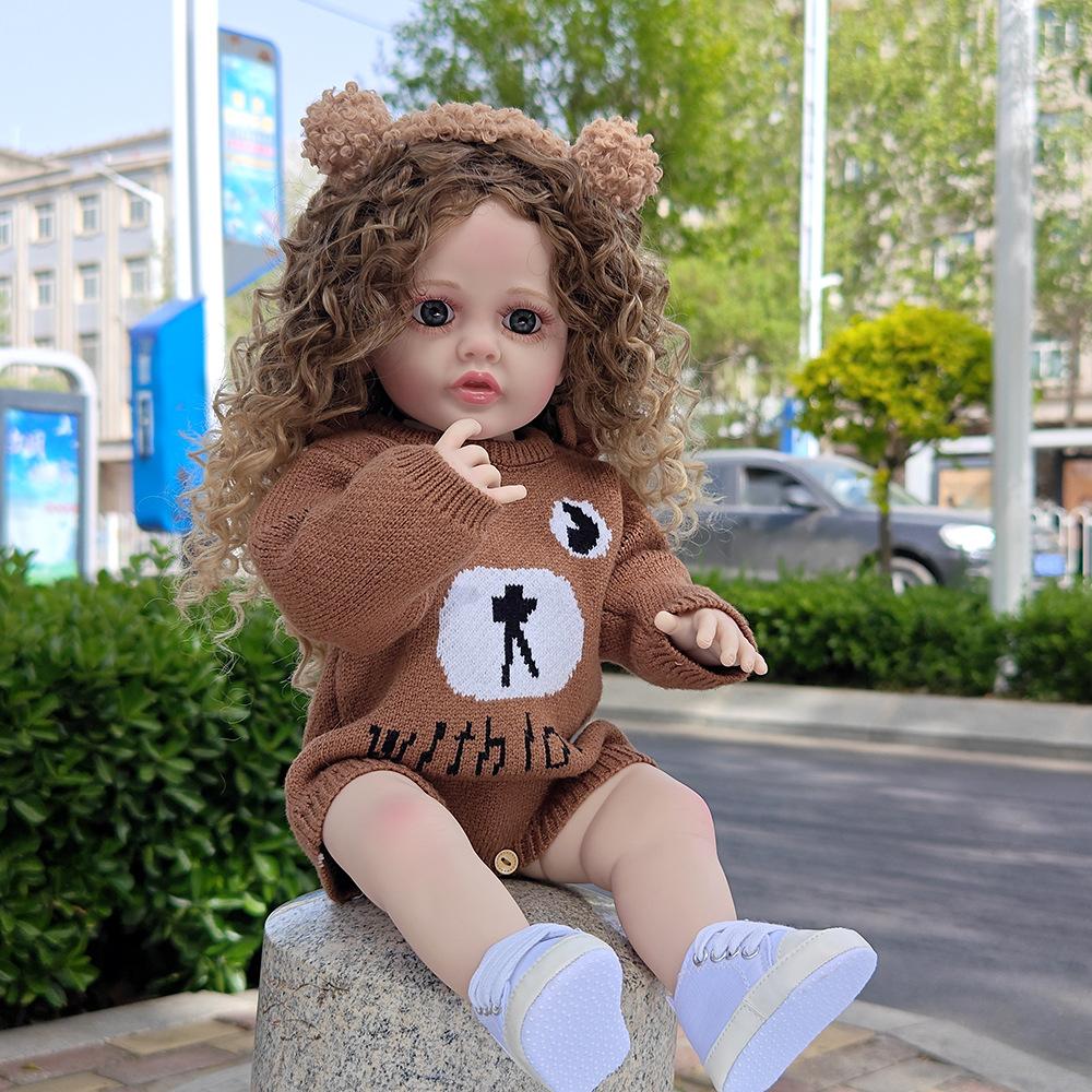 55cm Reborn Baby Doll Realistic Vinyl Girl Doll with Curly Hair Woolly Curls Cutie Knitted Outfit