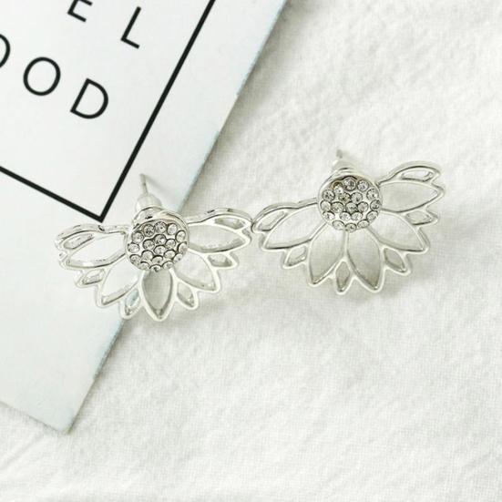 Women Hollow Out Lotus Shaped Rhinestone Inlaid Ear Jacket Earrings Jewelry Gift