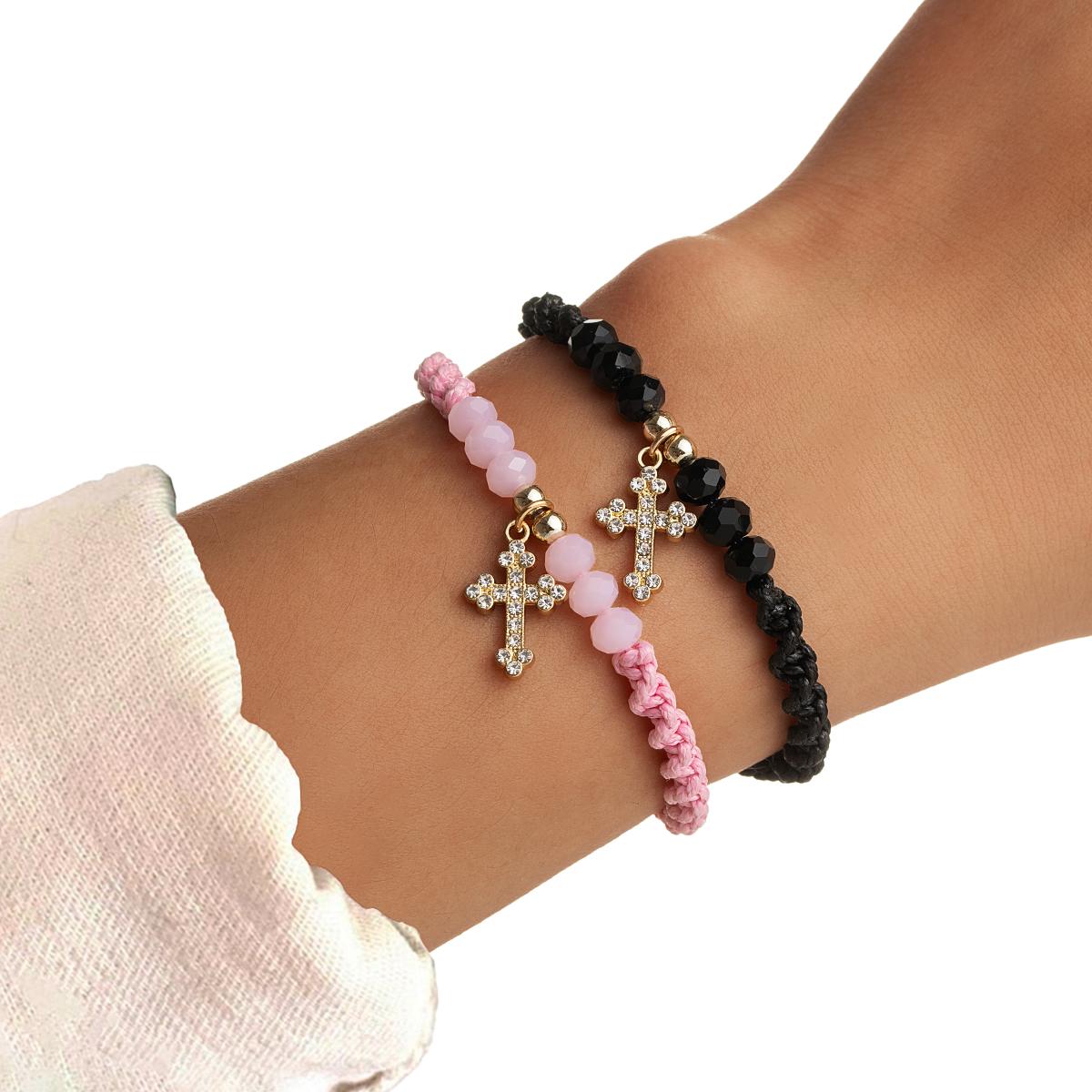 2 pieces of retro style zircon cross pendant bracelet with double layered layered colorful rope imitation crystal bead bracelet