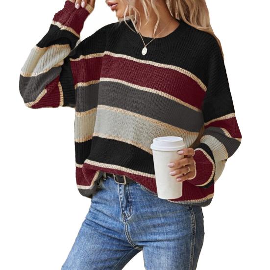 Women Sweater Round Neck Long Sleeve Knitted Tops Striped Print Loose Fit Soft Elastic Warm Winter Sweater