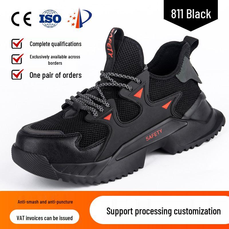 Men's Fly-Knit Safety Shoes: Anti-Smash, Anti-Puncture, Breathable, Lightweight, Comfortable, Wear-Resistant with Soft Sole and Button Closure.