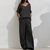 Women's Casual Mid Sleeve Low Round Neck Loose Wide Leg Long Pants Set