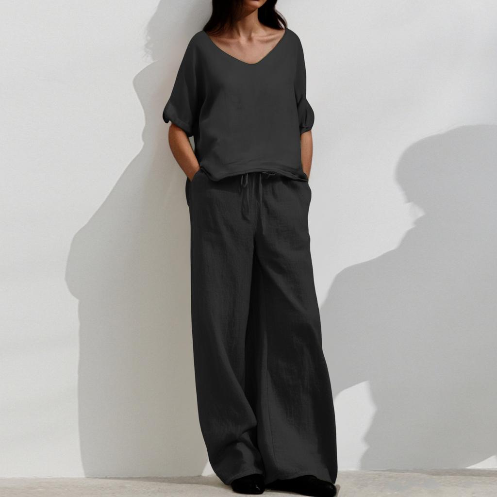 Women's Casual Mid Sleeve Low Round Neck Loose Wide Leg Long Pants Set