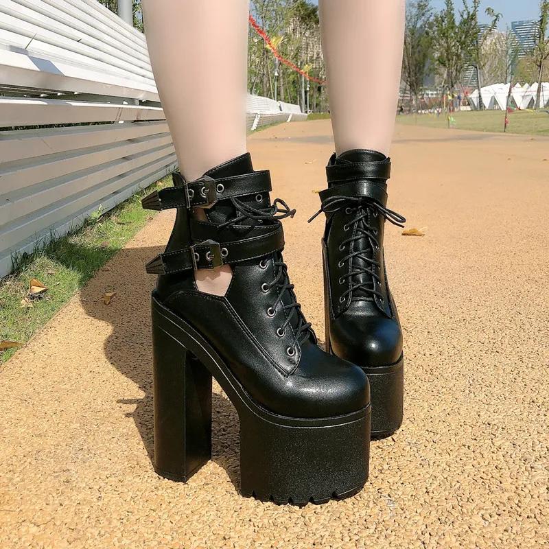 15CM Spring Autumn Fashion Women Boots High Heels Platform Buckle Lace Up Leather Short Booties Black Ladies Shoes Promotion