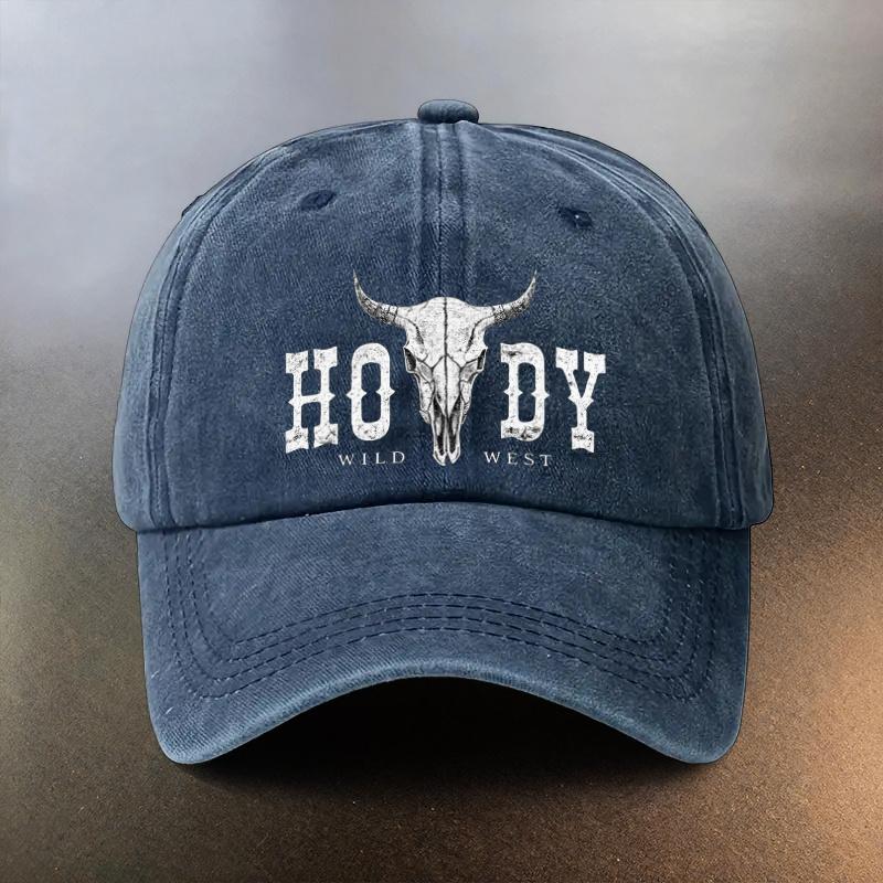 A Washed Cowboy Hat Featuring a Howdy Wild West Bull Skull Print A Sunprotection Baseball Cap for Daily Outings a Musthave