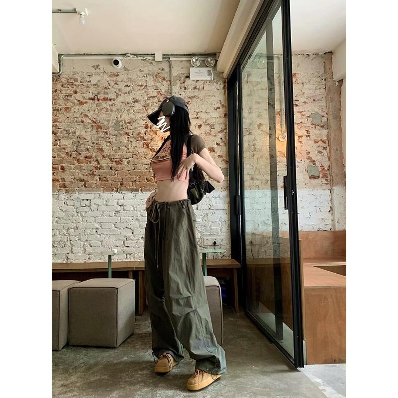 New Women's Cargo Pants, High Waist Wide Leg Straight Casual Trousers with Quick-Dry Fabric, Lightweight Summer American Retro Joggers