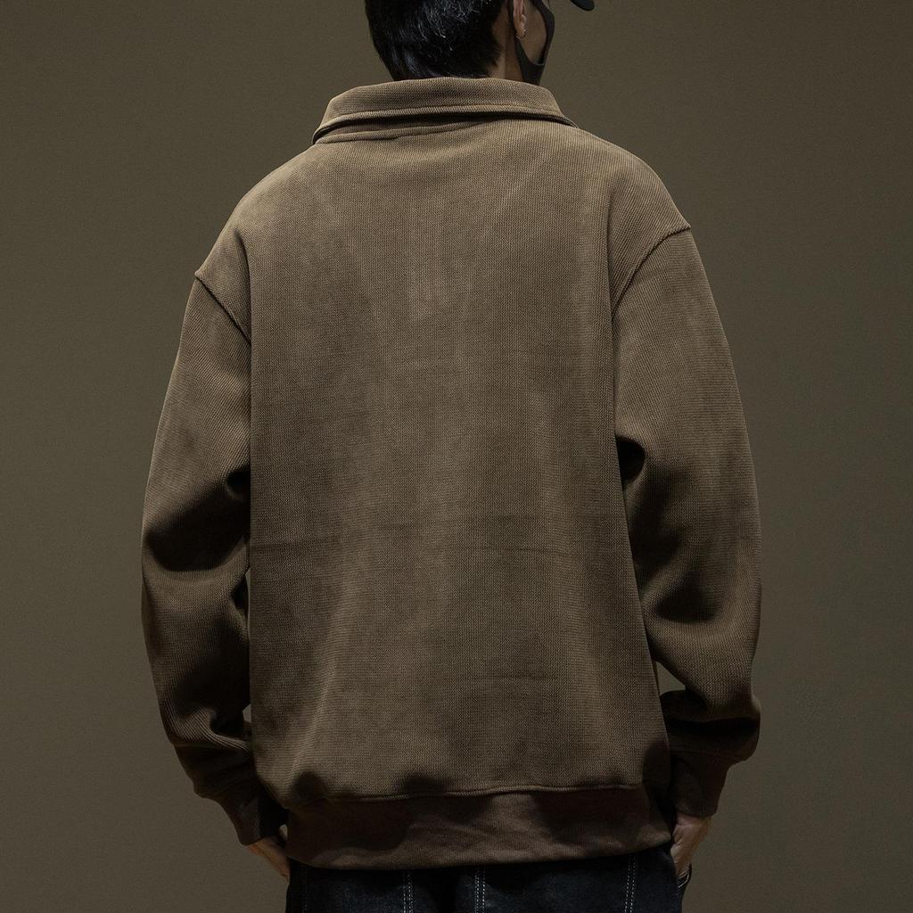 Men's Corduroy Half-High Collar Zipper Hoodie - Warm, Loose, Casual, Plus Velvet, Trendy Autumn/Winter Outerwear Sports Top