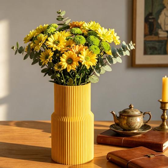 3D Printed Vase Straight Shape Flower Vase Decorative Flower Container for Roses Tulips Dried Fresh Flowers Vertical Pattern Decorative Vase for Home